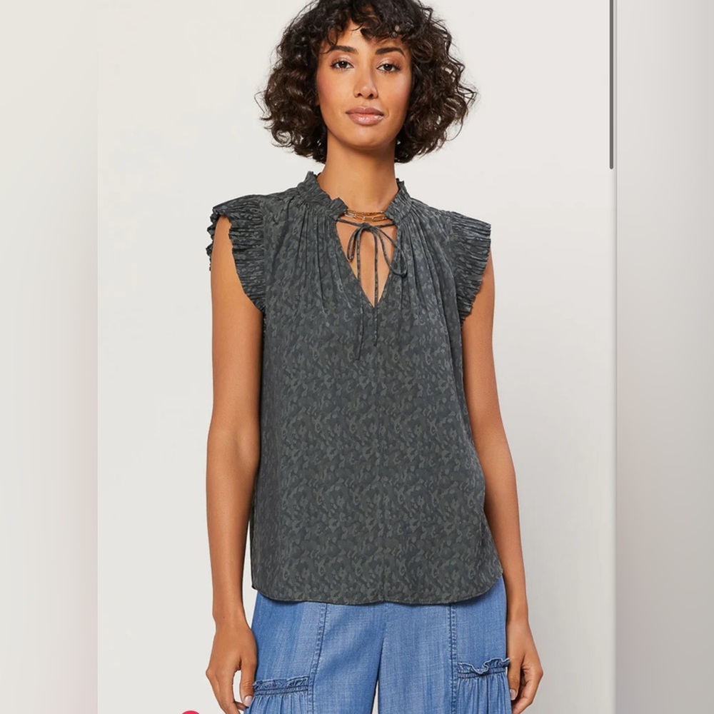 Anthropologie Current Air MARGOT JACQUARD PLEATED SLEEVE BLOUSE in Dark Olive